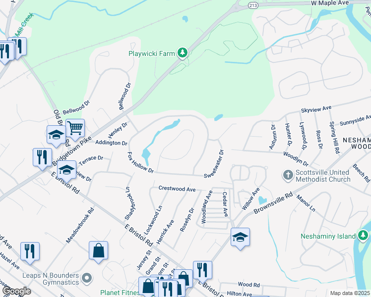 map of restaurants, bars, coffee shops, grocery stores, and more near 539 Newport Circle in Langhorne