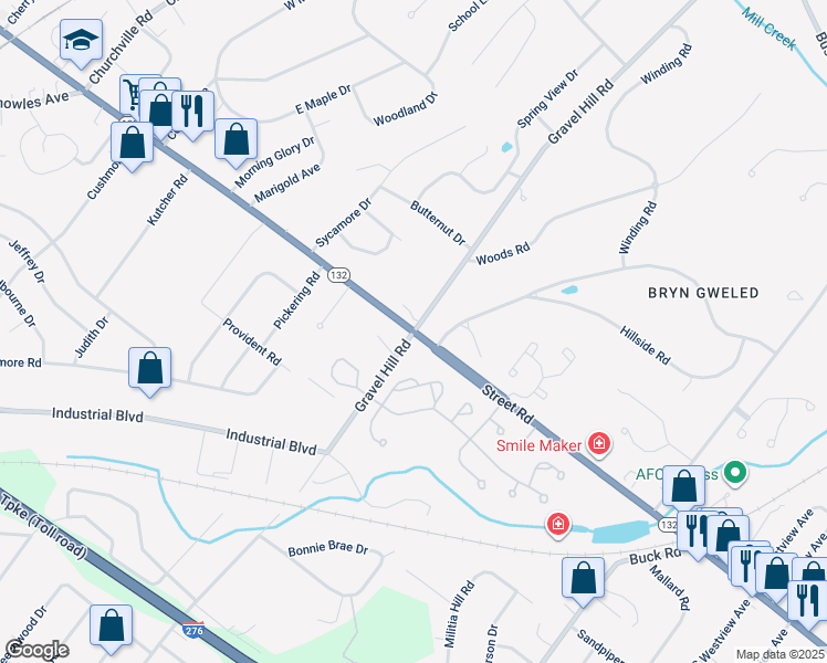 map of restaurants, bars, coffee shops, grocery stores, and more near Street Road & Gravel Hill Road in Southampton
