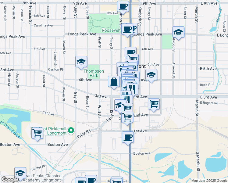 map of restaurants, bars, coffee shops, grocery stores, and more near 312 Terry Street in Longmont