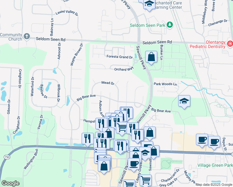 map of restaurants, bars, coffee shops, grocery stores, and more near 3659 Mead Drive in Powell