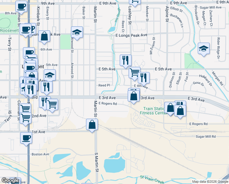 map of restaurants, bars, coffee shops, grocery stores, and more near 108 East Rogers Road in Longmont