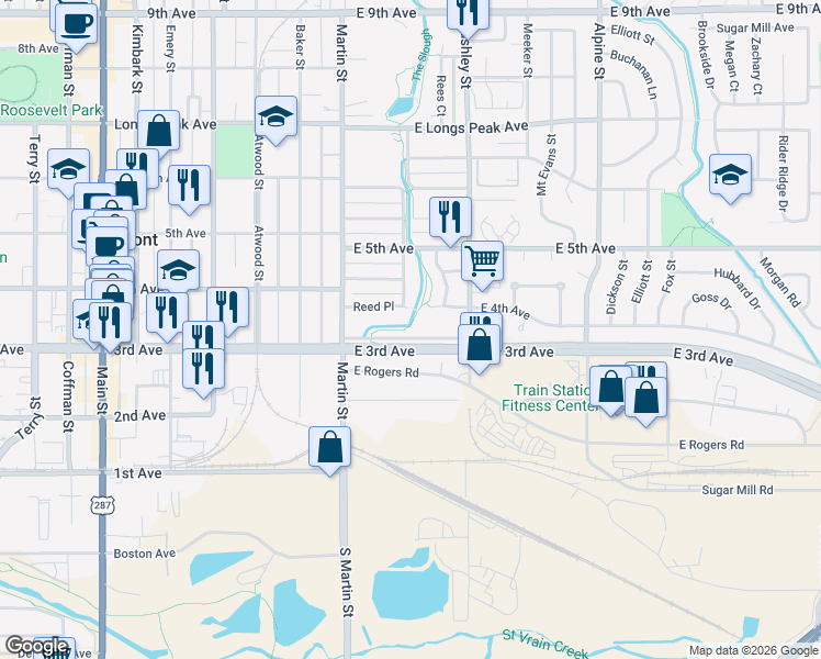 map of restaurants, bars, coffee shops, grocery stores, and more near 108 East Rogers Road in Longmont