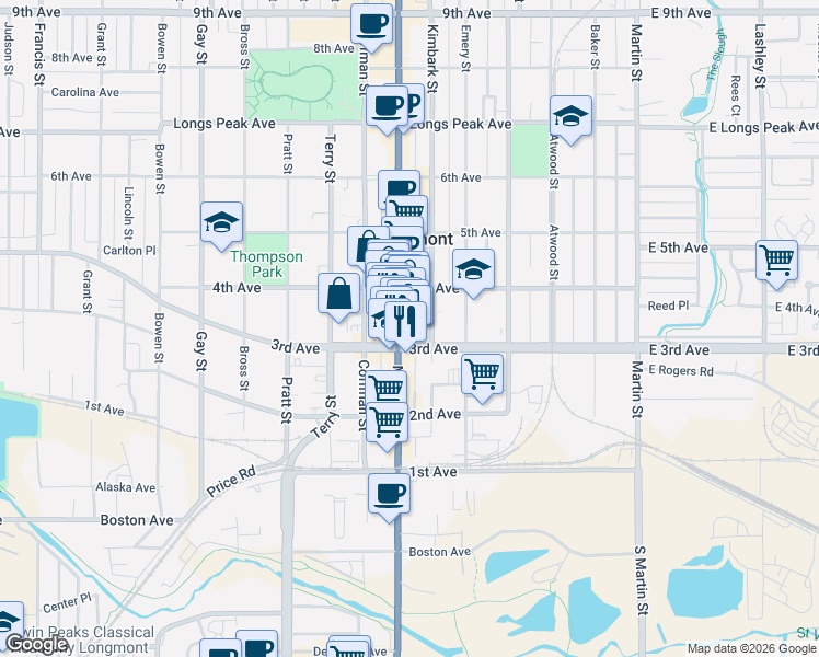 map of restaurants, bars, coffee shops, grocery stores, and more near 510 3rd Avenue in Longmont