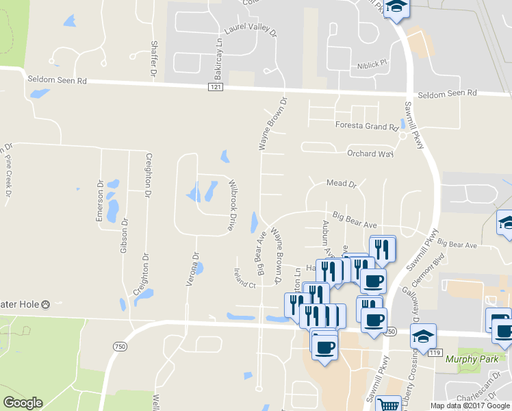 map of restaurants, bars, coffee shops, grocery stores, and more near 9338 Wayne Brown Drive in Powell