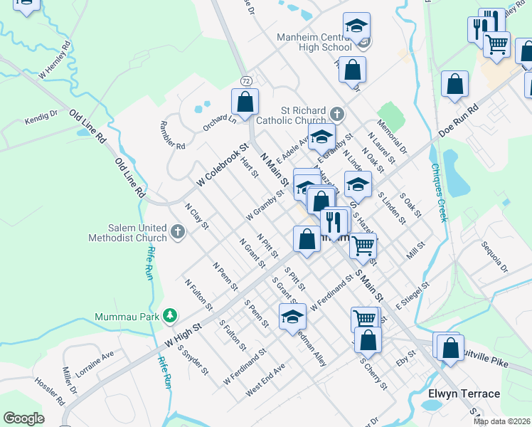 map of restaurants, bars, coffee shops, grocery stores, and more near 73 North Charlotte Street in Manheim