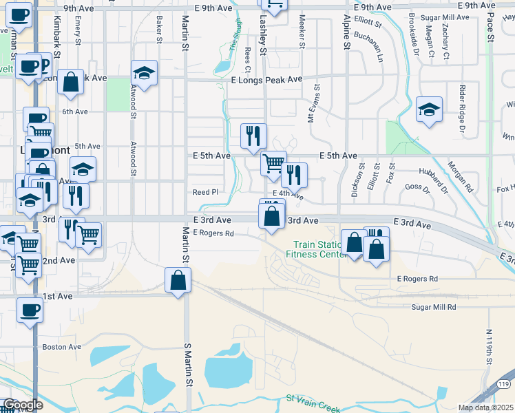 map of restaurants, bars, coffee shops, grocery stores, and more near in Longmont