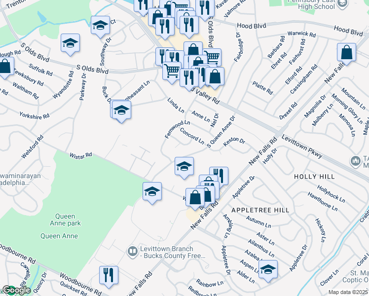 map of restaurants, bars, coffee shops, grocery stores, and more near 507 Hartford Lane in Fairless Hills