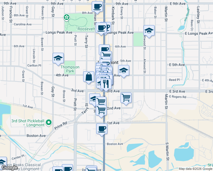 map of restaurants, bars, coffee shops, grocery stores, and more near 510 3rd Avenue in Longmont