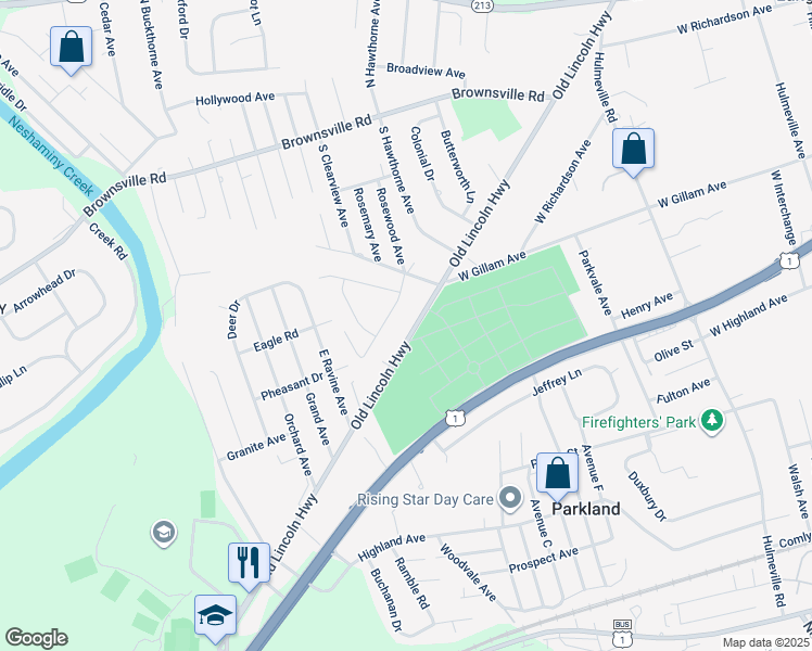 map of restaurants, bars, coffee shops, grocery stores, and more near 1301 Old Lincoln Highway in Langhorne