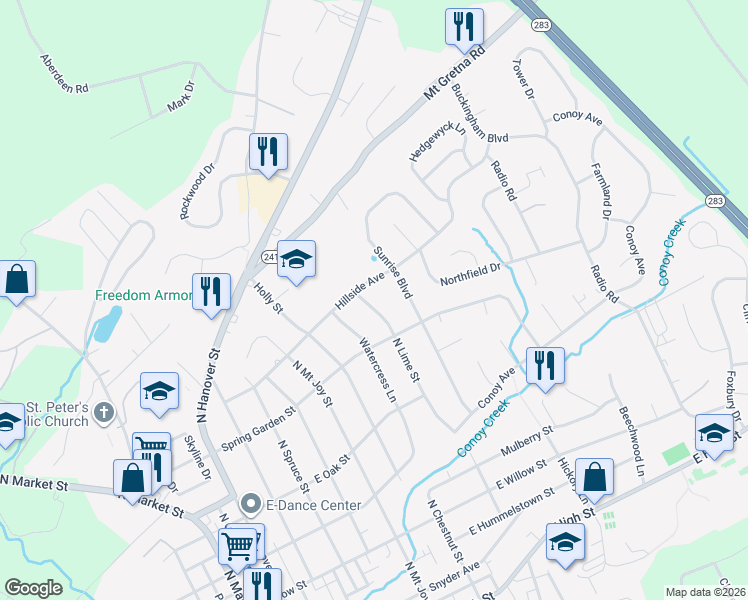 map of restaurants, bars, coffee shops, grocery stores, and more near 631 North Lime Street in Elizabethtown