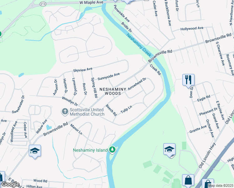 map of restaurants, bars, coffee shops, grocery stores, and more near 2606 Arrowhead Drive in Langhorne