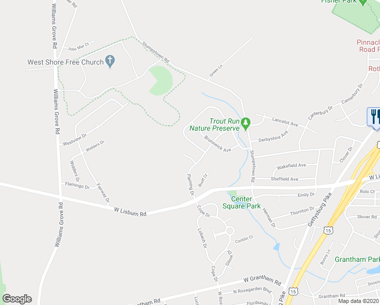 map of restaurants, bars, coffee shops, grocery stores, and more near 1205 Bauman Court in Mechanicsburg