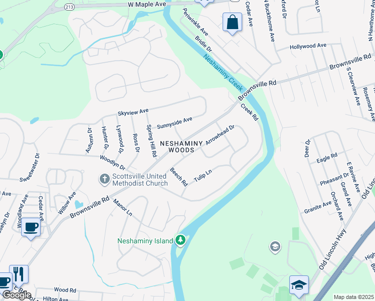 map of restaurants, bars, coffee shops, grocery stores, and more near 2606 Arrowhead Drive in Langhorne