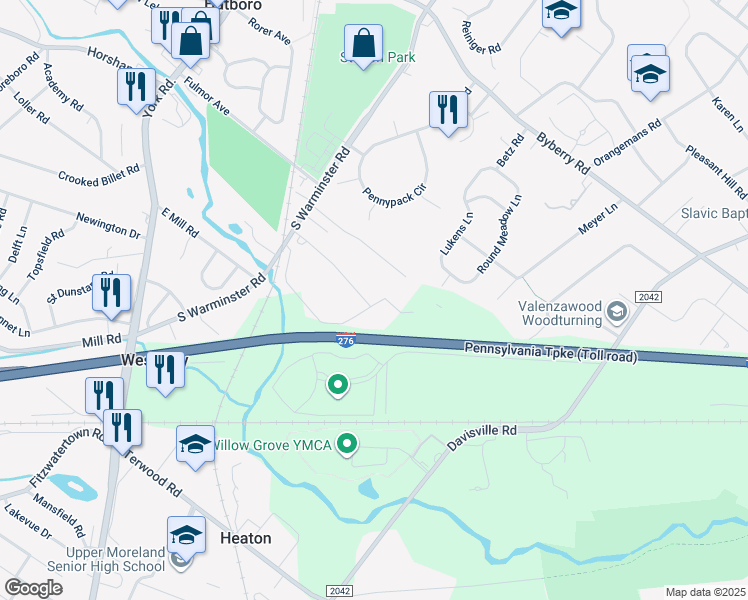 map of restaurants, bars, coffee shops, grocery stores, and more near 337 Surrey Lane in Hatboro