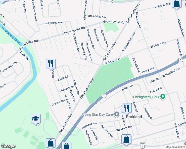 map of restaurants, bars, coffee shops, grocery stores, and more near 1301 Old Lincoln Highway in Langhorne