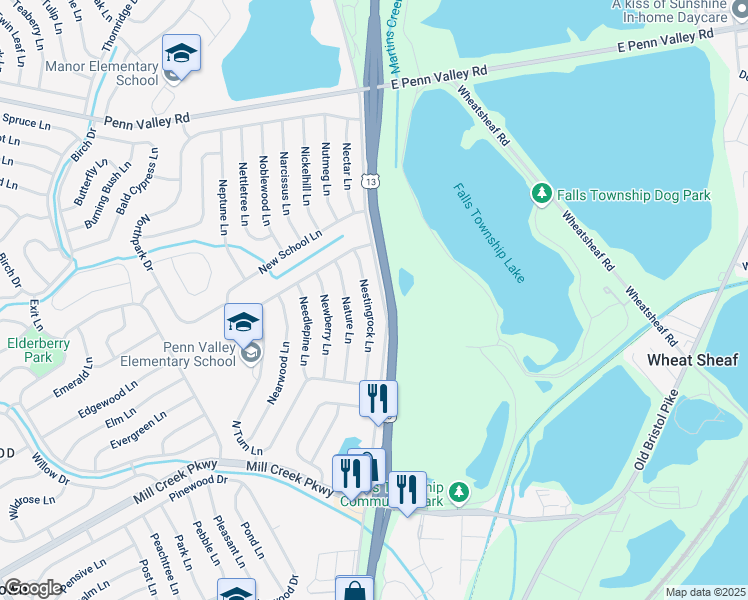 map of restaurants, bars, coffee shops, grocery stores, and more near 48 Nestingrock Lane in Levittown
