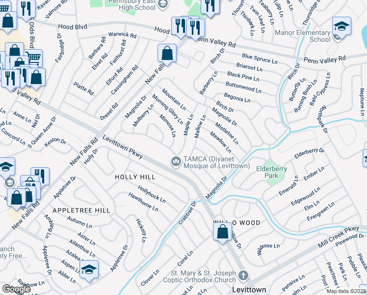 map of restaurants, bars, coffee shops, grocery stores, and more near 10 Maple Lane in Levittown
