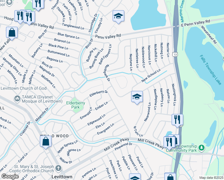 map of restaurants, bars, coffee shops, grocery stores, and more near 139 Northpark Drive in Levittown