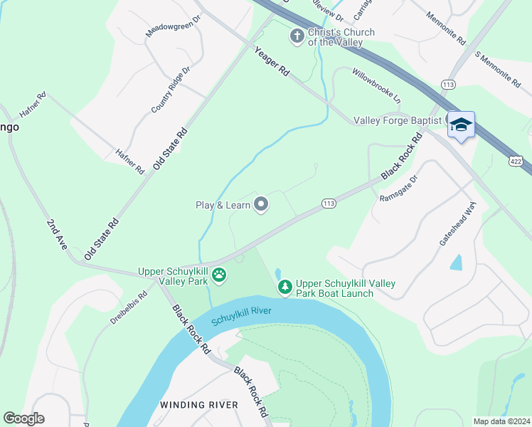 map of restaurants, bars, coffee shops, grocery stores, and more near 1600 Black Rock Road in Royersford