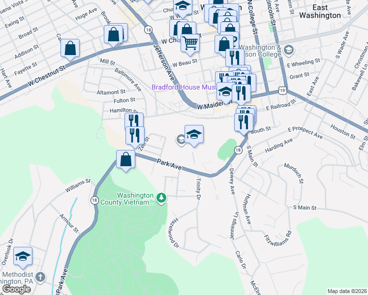 map of restaurants, bars, coffee shops, grocery stores, and more near 231 Park Avenue in Washington