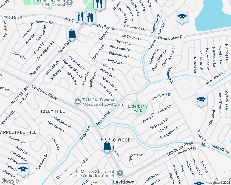 map of restaurants, bars, coffee shops, grocery stores, and more near 11 Mistletoe Lane in Levittown