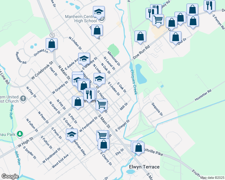 map of restaurants, bars, coffee shops, grocery stores, and more near 44 South Linden Street in Manheim