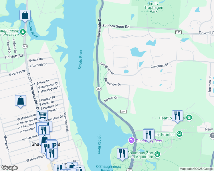 map of restaurants, bars, coffee shops, grocery stores, and more near 5535 Berwanger Drive in Powell