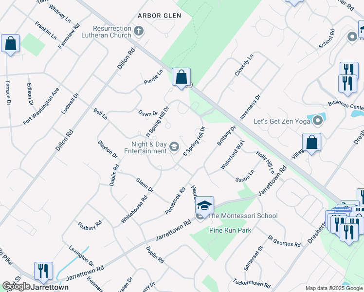 map of restaurants, bars, coffee shops, grocery stores, and more near 1601 Shamrock Place in Maple Glen