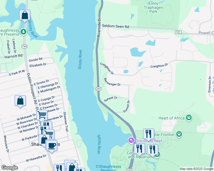 map of restaurants, bars, coffee shops, grocery stores, and more near 5535 Berwanger Drive in Powell
