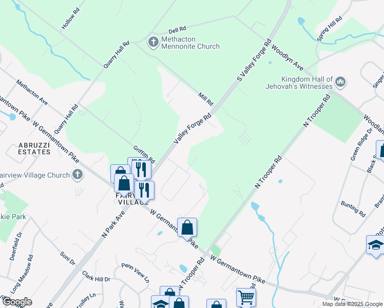 map of restaurants, bars, coffee shops, grocery stores, and more near 1103 Arden Drive in Norristown