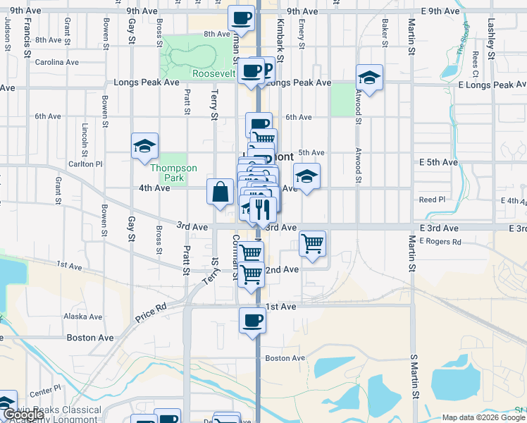 map of restaurants, bars, coffee shops, grocery stores, and more near 332 Main Street in Longmont