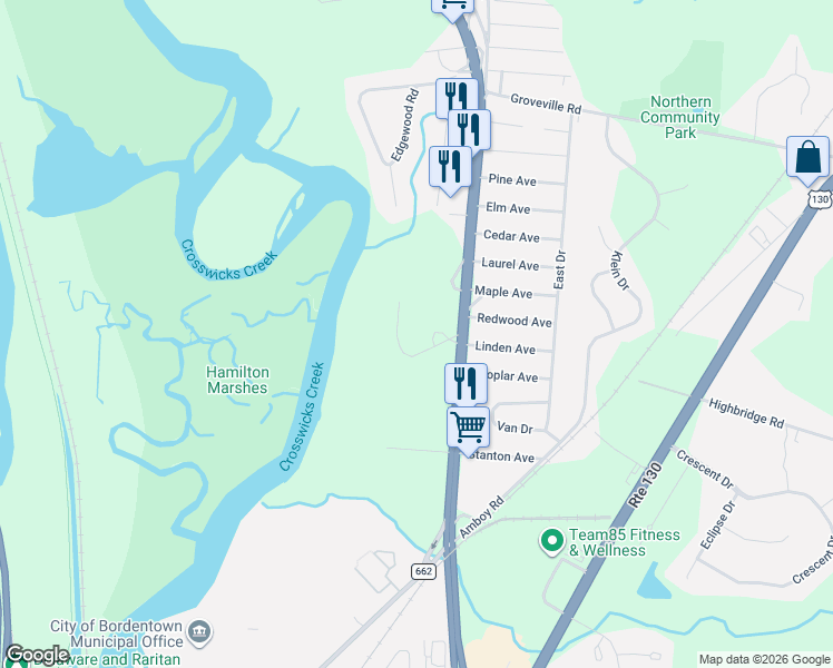 map of restaurants, bars, coffee shops, grocery stores, and more near 710 U.S. 206 in Bordentown
