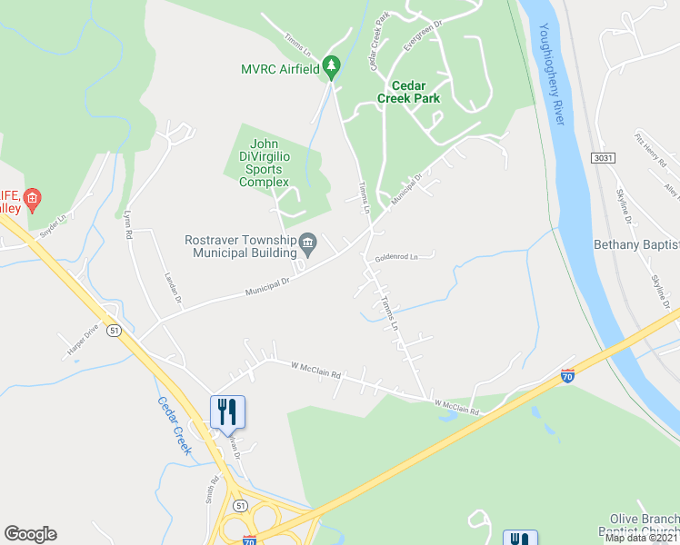 map of restaurants, bars, coffee shops, grocery stores, and more near 461 Timms Lane in Belle Vernon