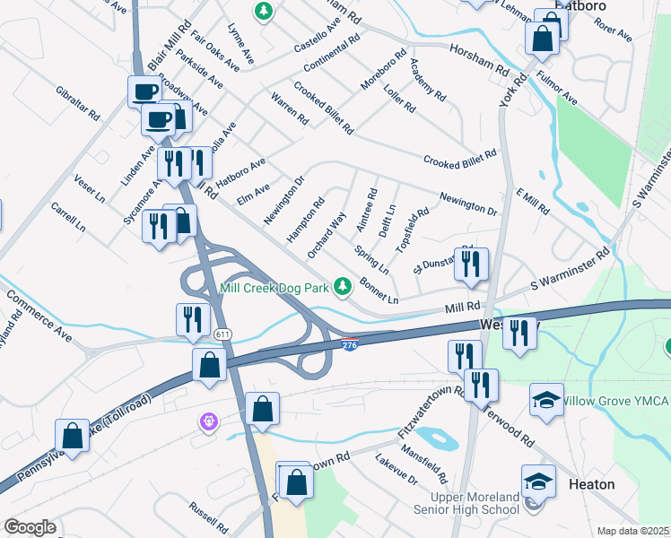 map of restaurants, bars, coffee shops, grocery stores, and more near 127 Bonnet Lane in Hatboro