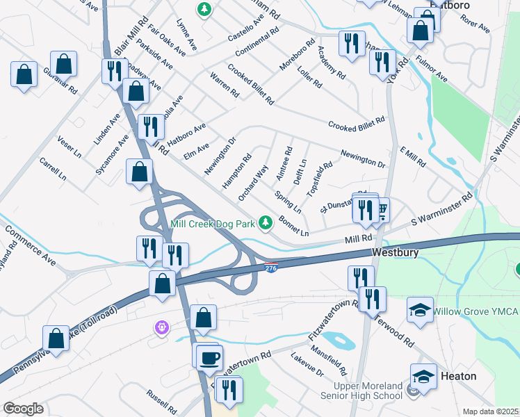 map of restaurants, bars, coffee shops, grocery stores, and more near 127 Bonnet Lane in Hatboro