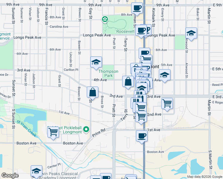 map of restaurants, bars, coffee shops, grocery stores, and more near 319 Pratt Street in Longmont
