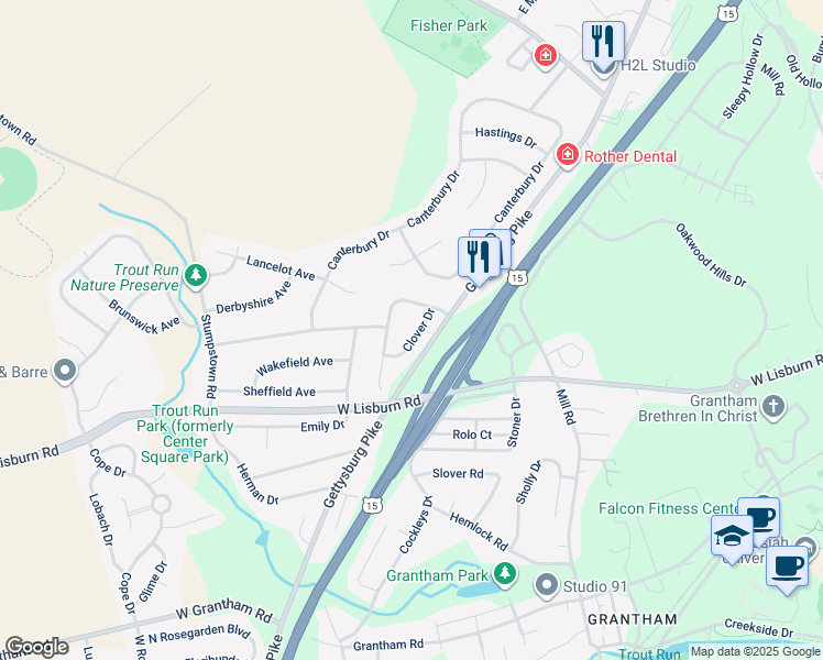 map of restaurants, bars, coffee shops, grocery stores, and more near 2424 Clover Drive in Mechanicsburg