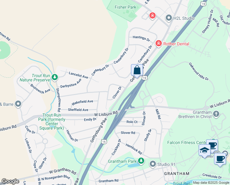 map of restaurants, bars, coffee shops, grocery stores, and more near 2424 Clover Drive in Mechanicsburg