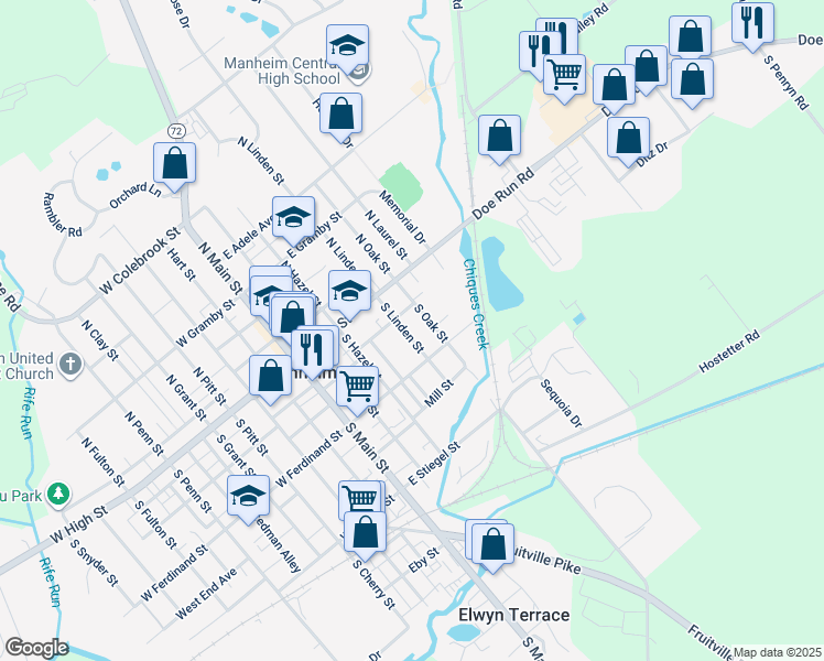 map of restaurants, bars, coffee shops, grocery stores, and more near 53 South Linden Street in Manheim