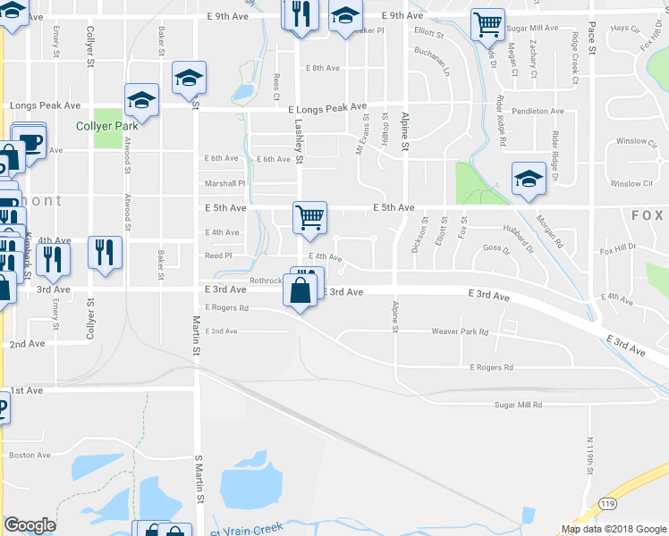 map of restaurants, bars, coffee shops, grocery stores, and more near 340 Lashley Street in Longmont