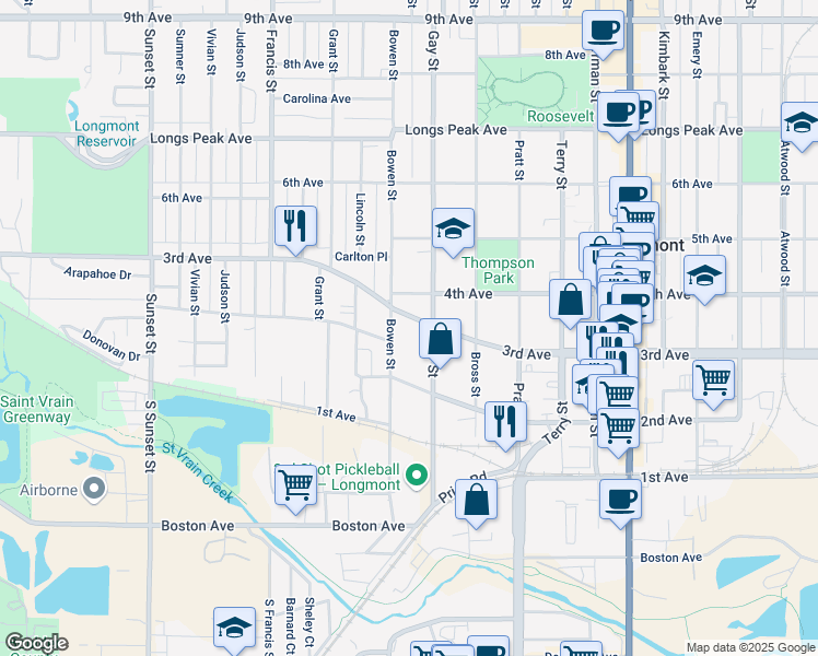 map of restaurants, bars, coffee shops, grocery stores, and more near 237 Gay Street in Longmont