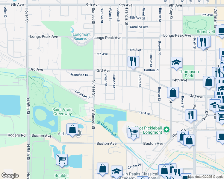 map of restaurants, bars, coffee shops, grocery stores, and more near 125 Judson Street in Longmont
