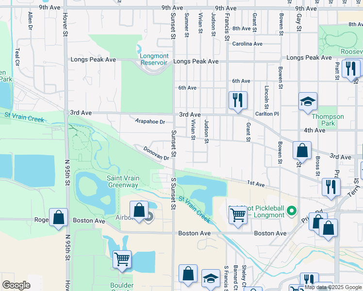 map of restaurants, bars, coffee shops, grocery stores, and more near 1609 Green Place in Longmont