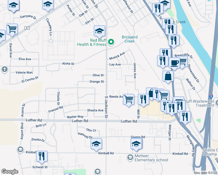 map of restaurants, bars, coffee shops, grocery stores, and more near 512-516 South Jackson Street in Red Bluff
