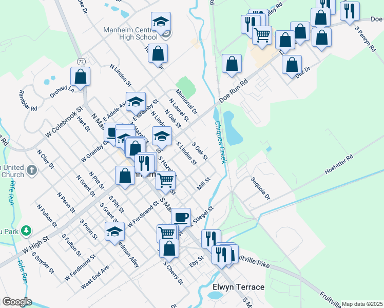 map of restaurants, bars, coffee shops, grocery stores, and more near 53 South Linden Street in Manheim