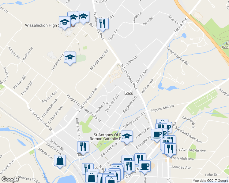 map of restaurants, bars, coffee shops, grocery stores, and more near 410 Artman Road in Ambler