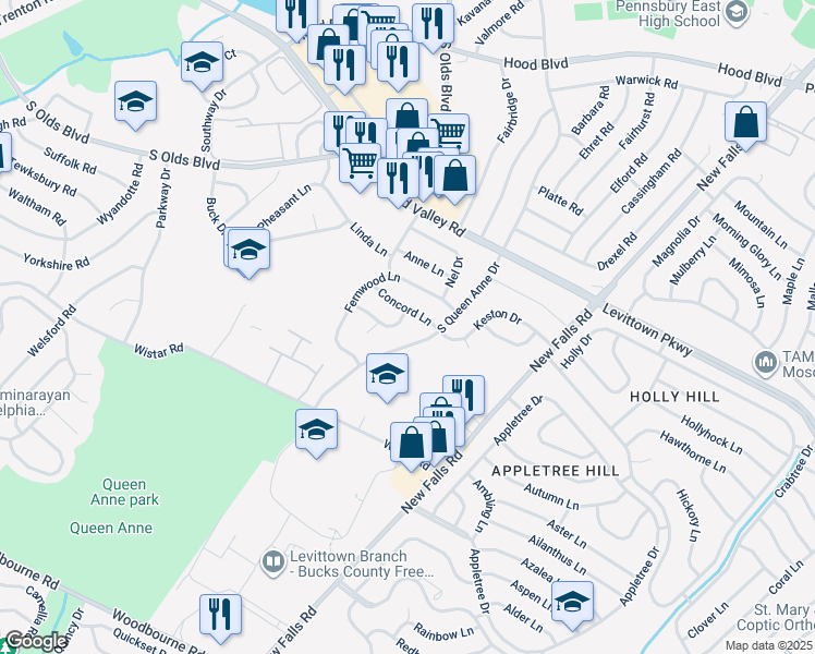 map of restaurants, bars, coffee shops, grocery stores, and more near 513 Hartford Lane in Fairless Hills