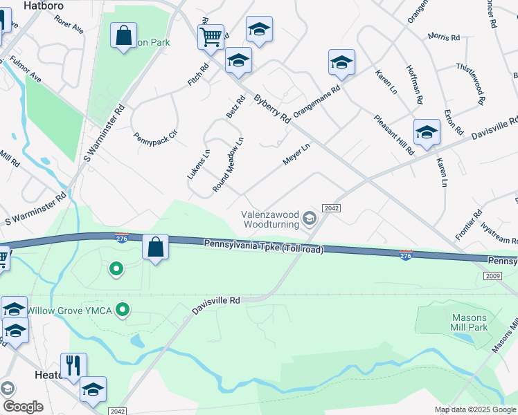 map of restaurants, bars, coffee shops, grocery stores, and more near 2522 Damian Drive in Hatboro
