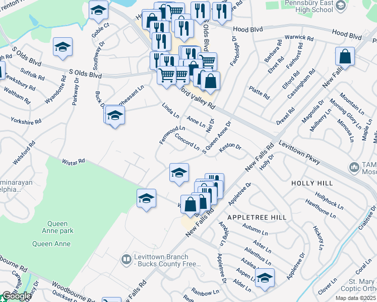 map of restaurants, bars, coffee shops, grocery stores, and more near 513 Hartford Lane in Fairless Hills