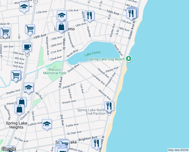 map of restaurants, bars, coffee shops, grocery stores, and more near 121 Lorraine Avenue in Spring Lake